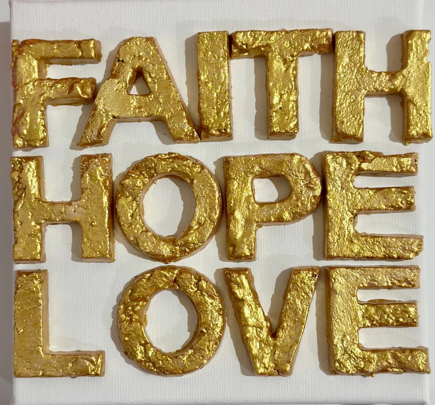 FAITH HOPE LOVE Sign Gold on White